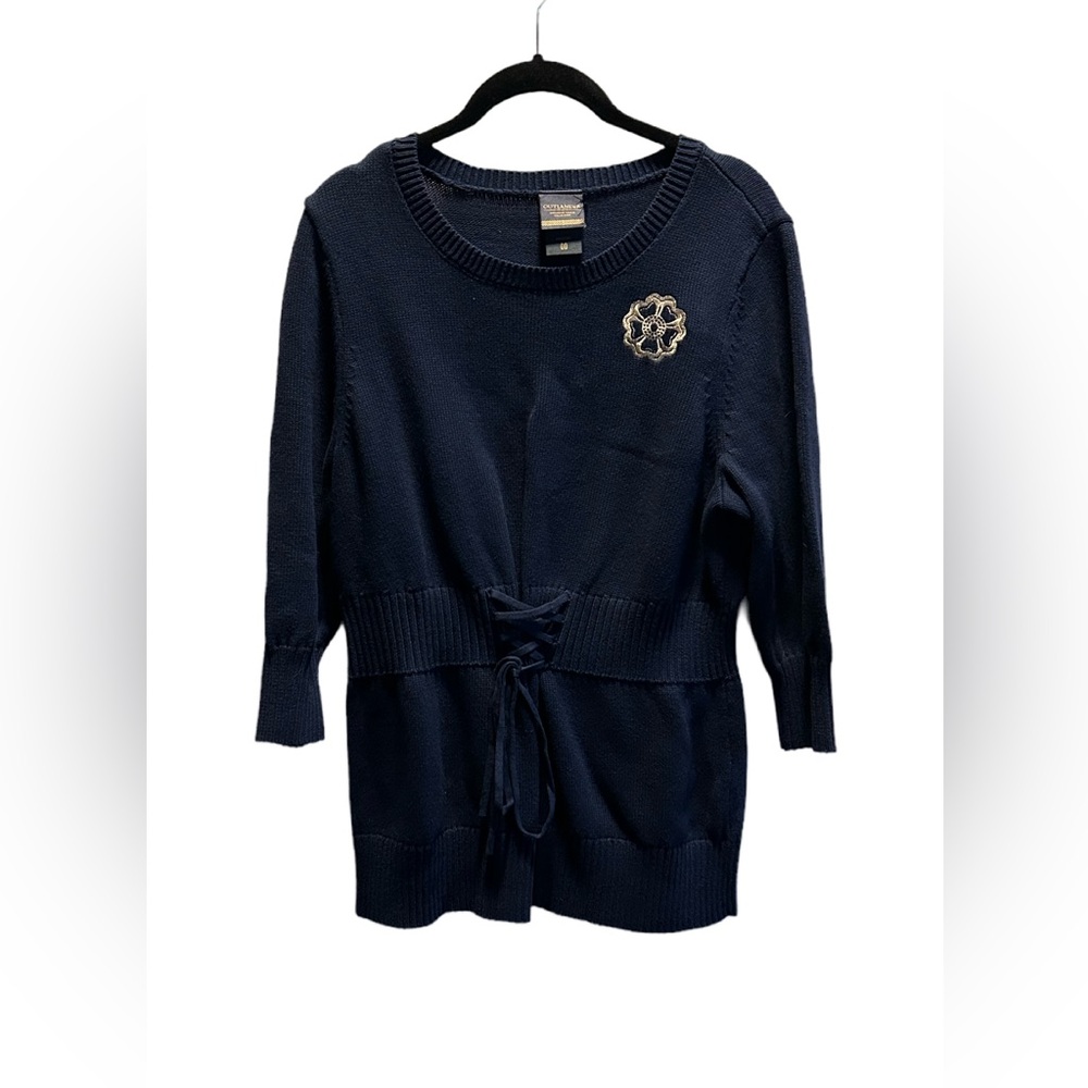 Navy Outlander Women's Lace-Up Waist Sweater with Decorative Emblem